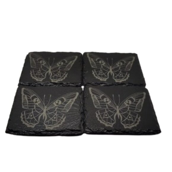 4 Inch Black Coasters Stone Coaster Set, Laser Engraving "Butterfly" Set of 4 - Picture 5 of 10